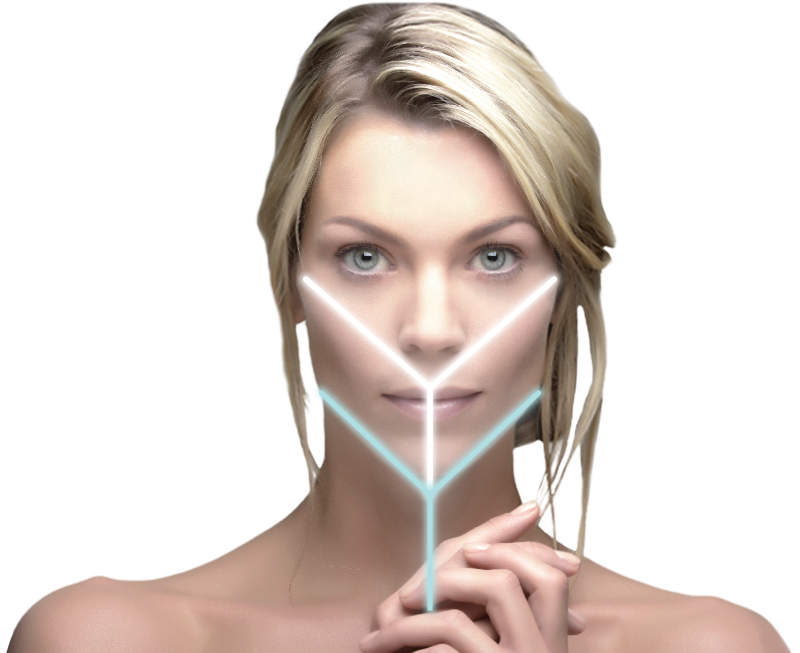 woman with lights on her face in a Y shape